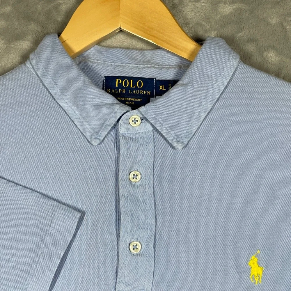 Polo Ralph Lauren Mens XL Featherweight Mesh Polo Shirt Light Blue Yellow Pony